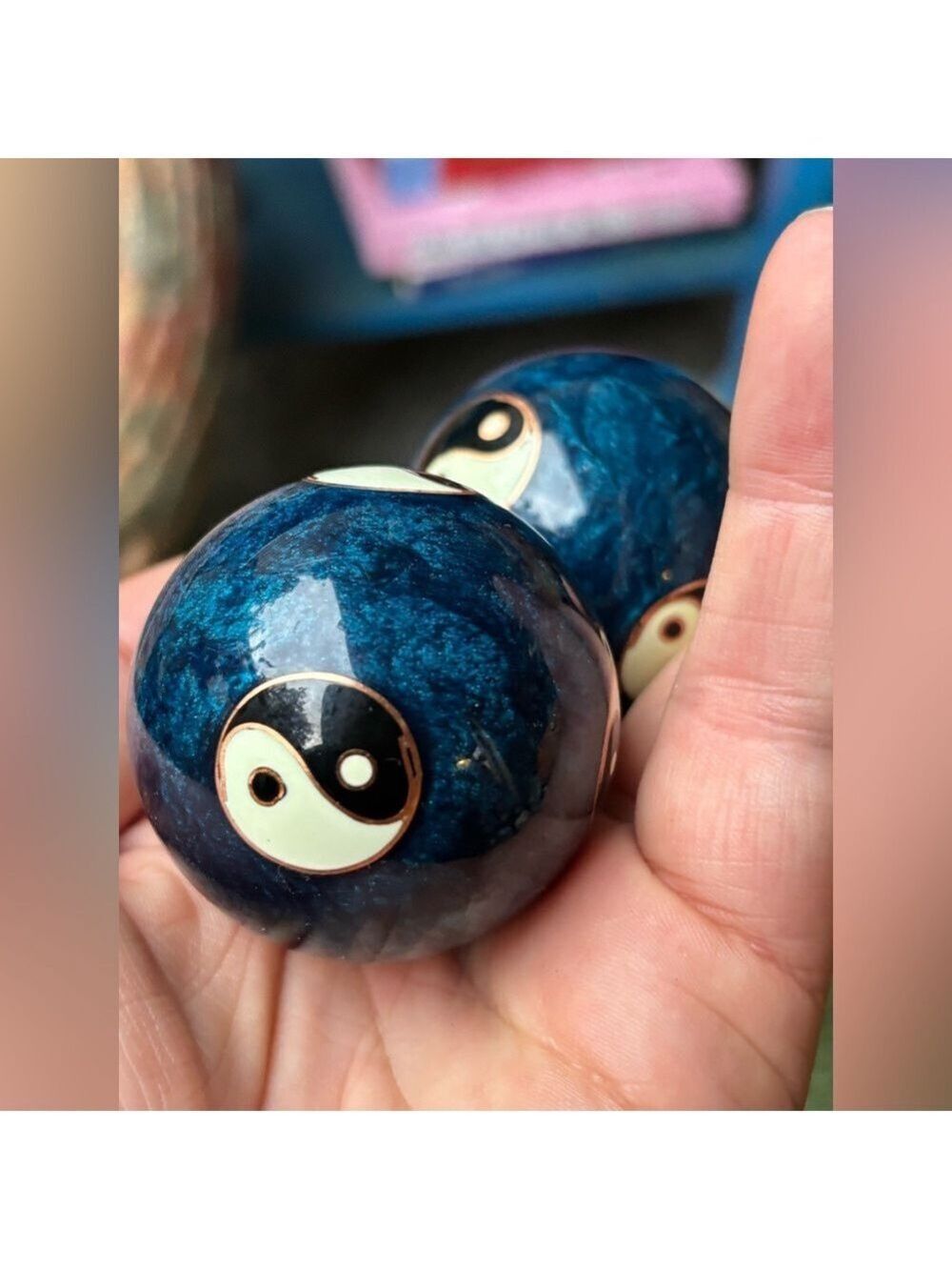 VINTAGE Cloisonné Yin-Yang Baoding Balls • Deep Blue Enamel • Meditation Chime - Picture 4 of 11